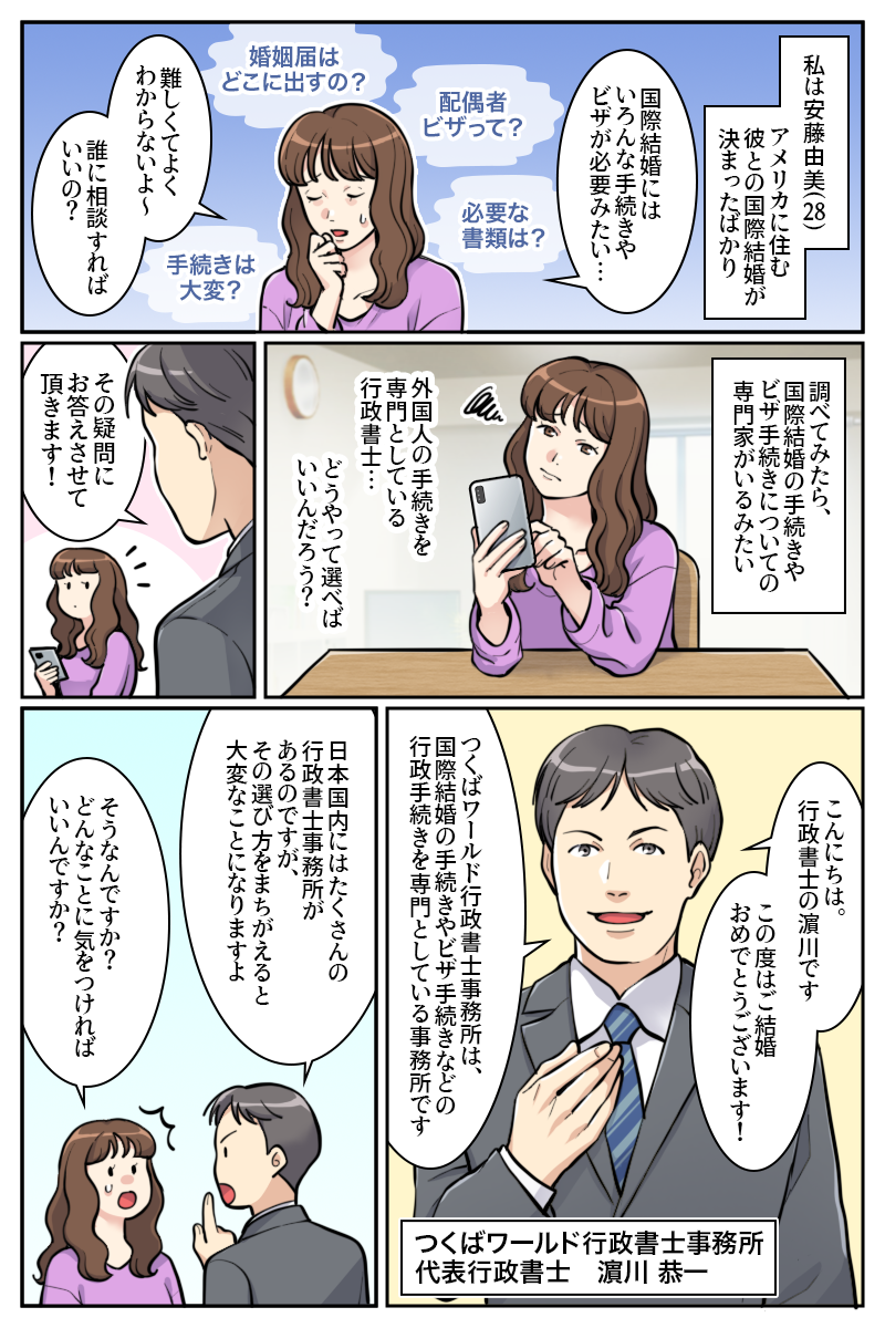 「国際結婚にはいろんな手続きやビザが必要みたい……調べてみたら、国際結婚やビザ手続きについての専門家がいるみたい」「この度はご結婚おめでとうございます！日本国内にはたくさんの行政書士事務所がありますが、選び方を間違えると大変なことになりますよ」